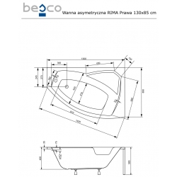 Wanna narożna asymetryczna  akrylowa Rima  130x85 prawa z obudową Piramida, Besco